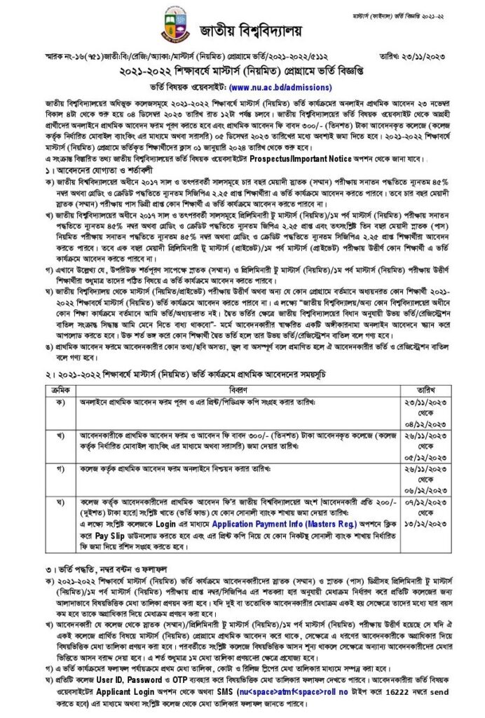 NU Masters Admission Circular 2024-1